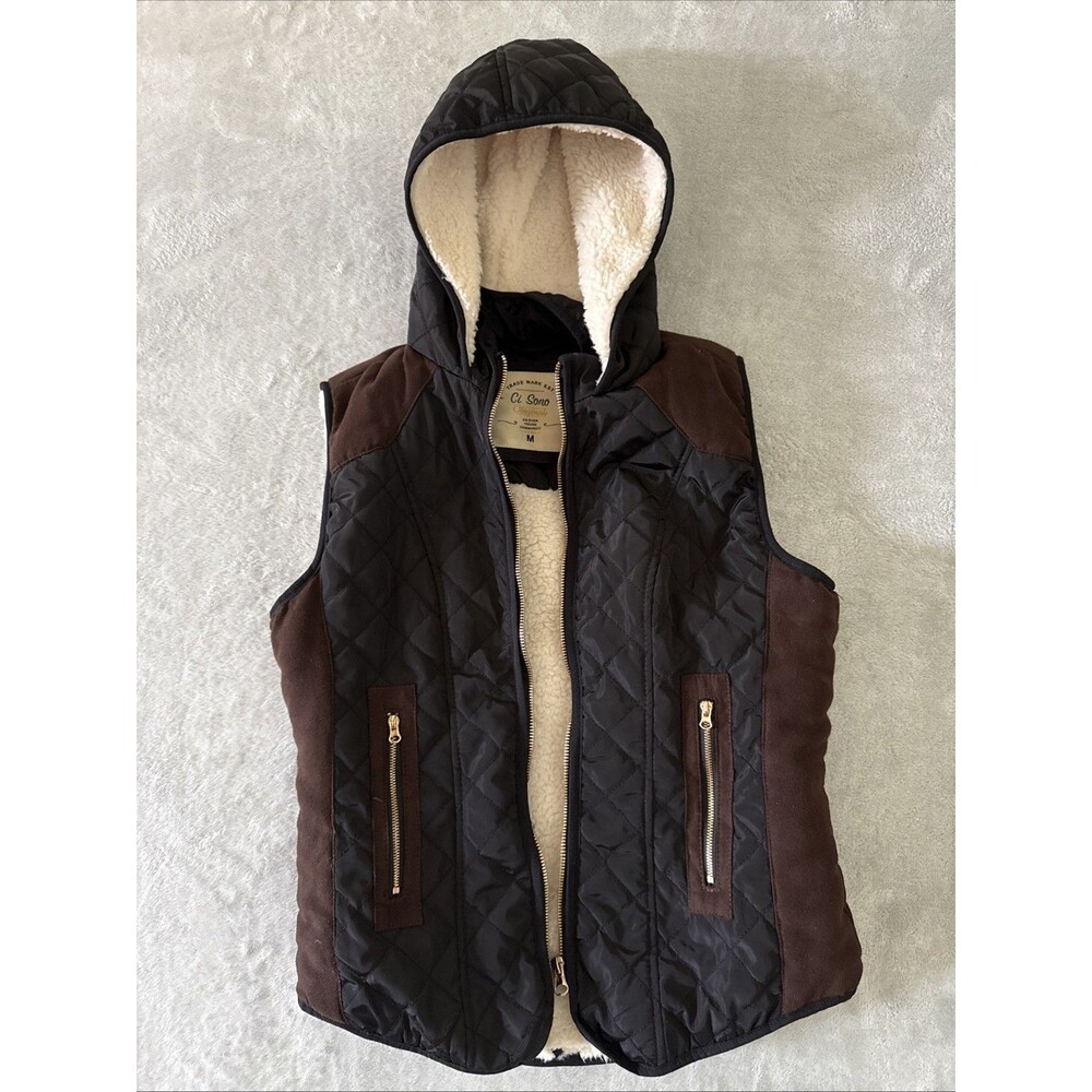 Padded Hooded Wind Resistant Cozy Zip Vest Black Cream Fleece Young Sz M Ci Sono - Picture 3 of 16